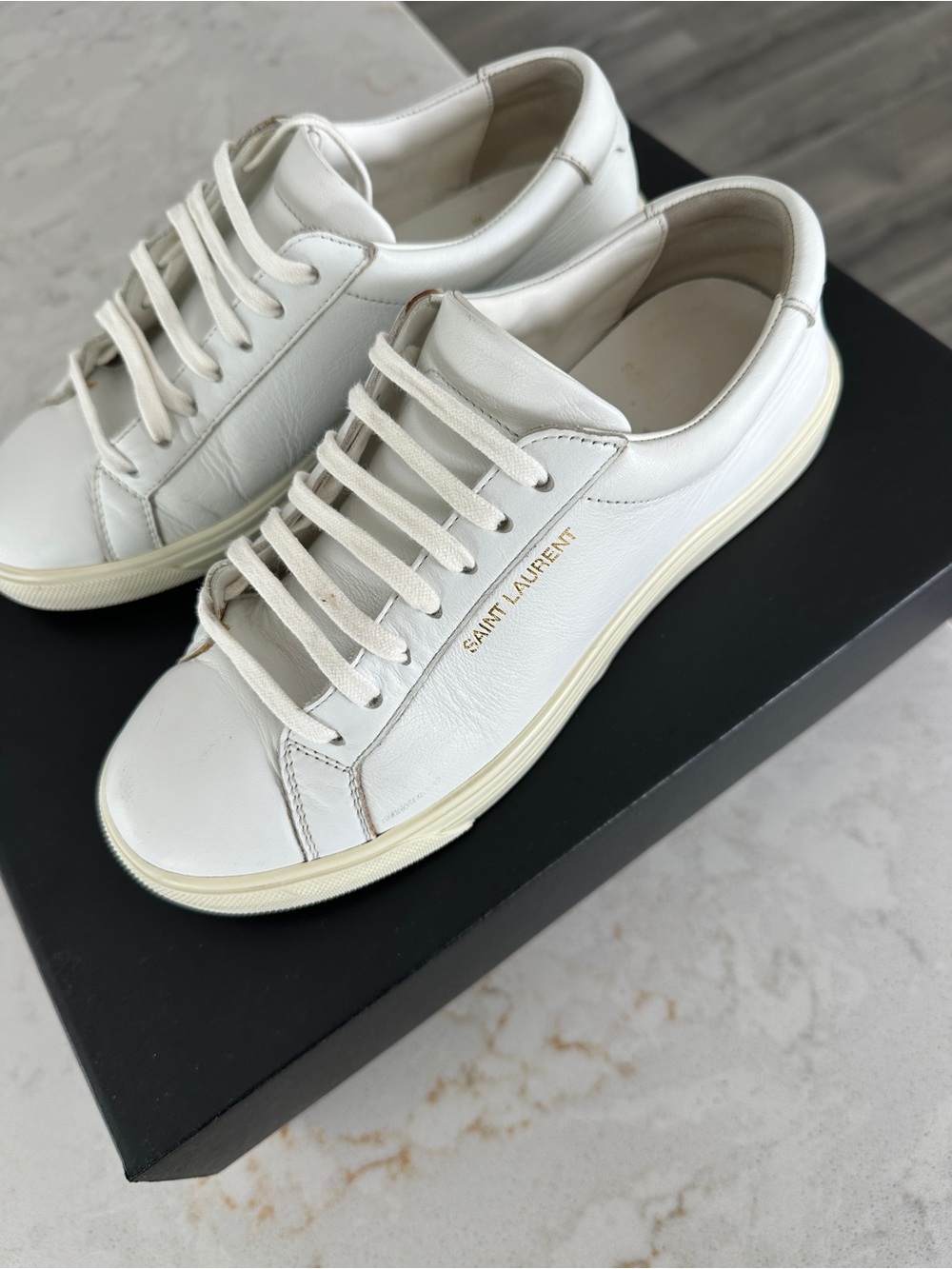 Saint Laurent White Leather Low-Top Sneakers with Gold Logo